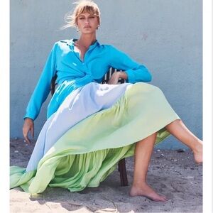 M21 Nouvelle Silk95five Front Tie Long Sleeve Blouse Light‎ Blue